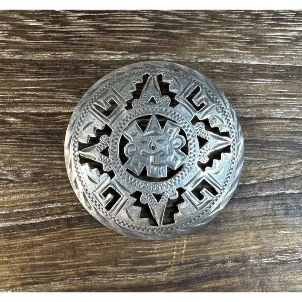 Vintage Taxco Mexico Sterling Silver Aztec Mayan Calendar Brooch/Pin Pendant